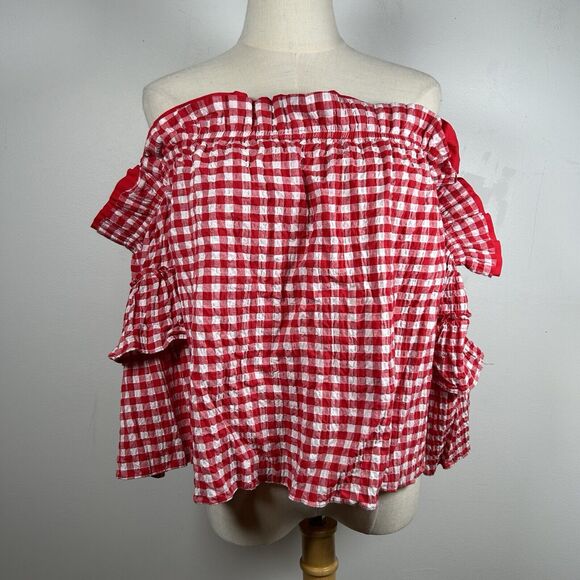 Misa Los Angeles Sabina Gingham Off The Shoulder Top Ruffle Blouse Top Red M - Picture 2 of 8